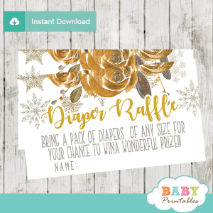 gender neutral winter snowflake diaper raffle tickets watercolor flowers yellow gold bronze olive