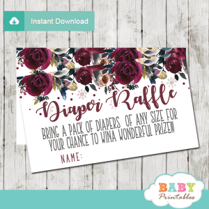 winter snowflake diaper raffle tickets hand drawn watercolor silver gray burgundy flowers girl