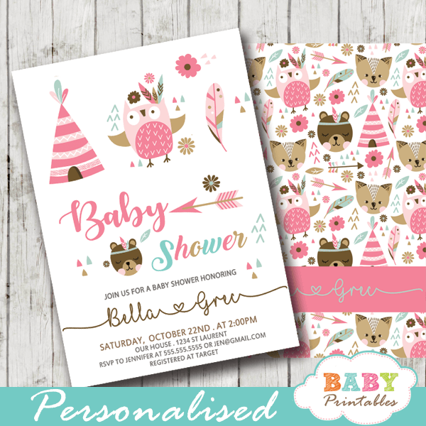 tribal woodland baby girl shower invitations pink feather boho arrow forest animals