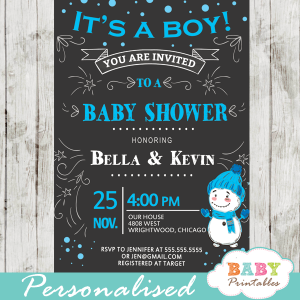 winter wonderland baby shower invitations blue boy snowman snowflake