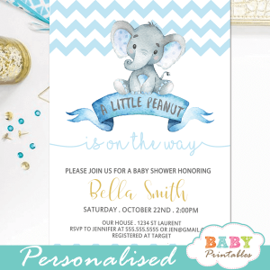 blue elephant baby shower invitations boy little peanut theme chevron zig zag pattern