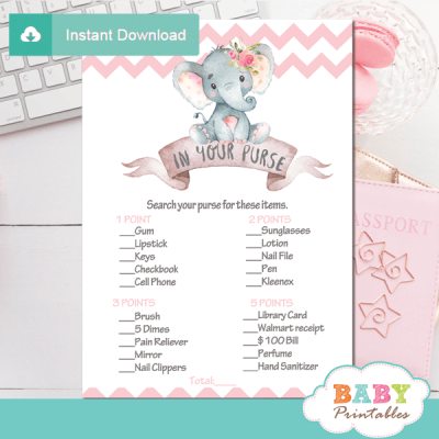 Chevron Pink Elephant Baby Shower Games – D433 - Baby Printables