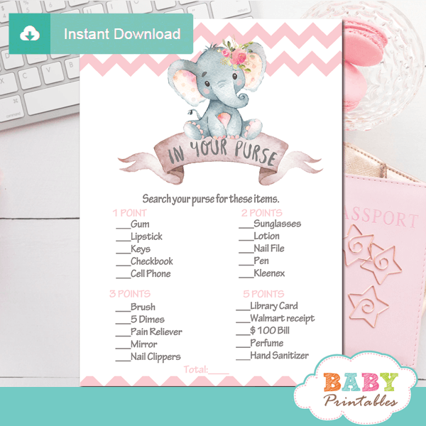 Pink Chevron Elephant Baby Shower Games Pack 6 Printable Games 