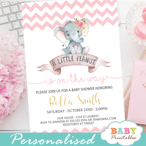 pink elephant baby shower invitations girl little peanut theme chevron zig zag pattern