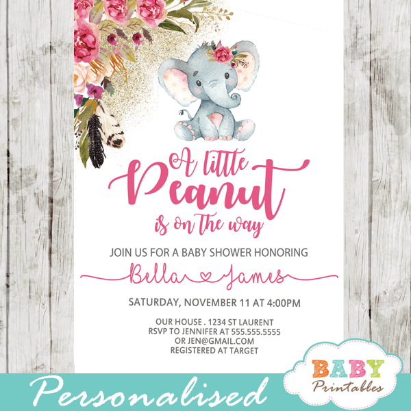 pink and grey elephant baby shower invitations