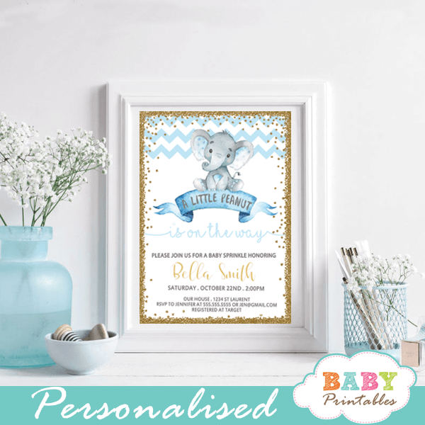 Chevron Blue Elephant Baby Sprinkle Invitations Boy D434 Chevron Blue Elephant Baby Sprinkle