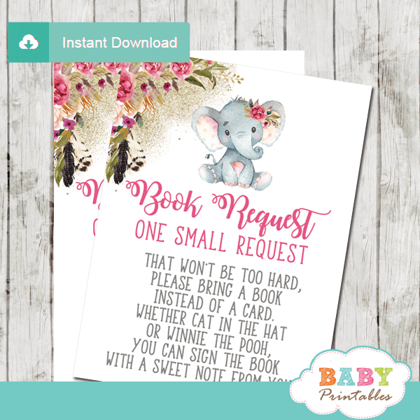 boho feathers floral elephant book request cards invitation inserts pink girl