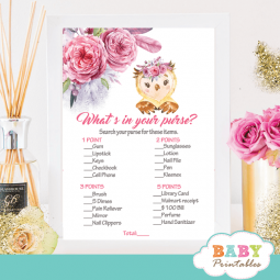 Floral Pink Owl Baby Shower Games – D127 - Baby Printables