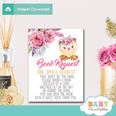 Floral Pink Owl Book Request Cards – D127 - Baby Printables
