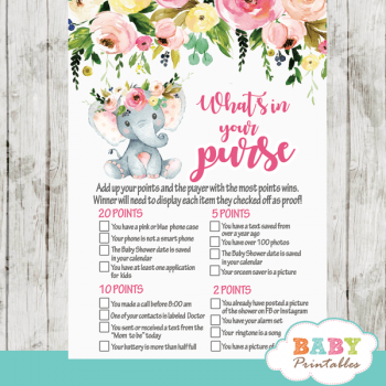 Pink Floral Elephant Baby Shower Games – D431 - Baby Printables