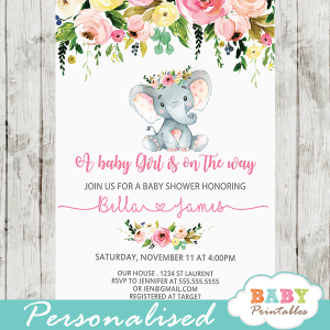 watercolor flowers elephant baby shower invites girl on the way pink and gray