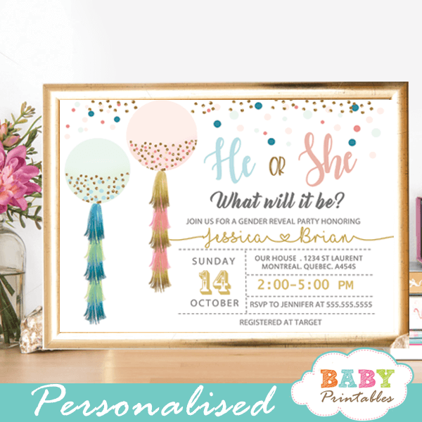 balloon gender reveal invitations pink blue tassel garland gold confetti he or she