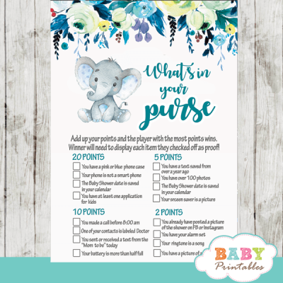 Elephant Baby Shower Games Boy, Floral Teal Blue – D432 - Baby Printables