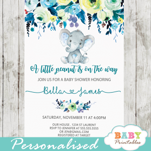 elephant baby shower invitations boy floral teal blue little peanut
