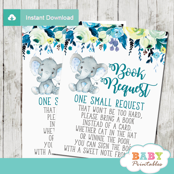 elephant book request cards floral boy invitation inserts teal blue