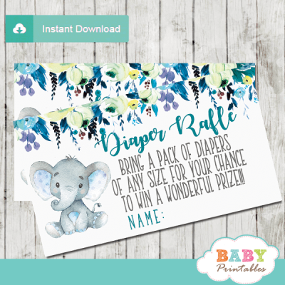 Elephant Diaper Raffle Tickets Boy, Floral Teal Blue - D432 - Baby ...