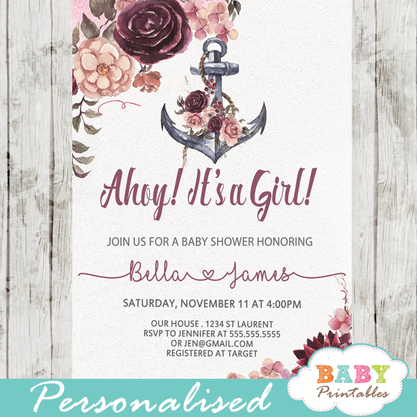 anchor invitations for baby shower girl floral nautical blush burgundy pink rustic boho