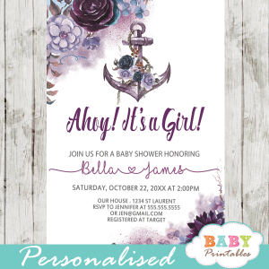 purple lavender violet floral anchor baby shower invitations rustic nautical theme girl