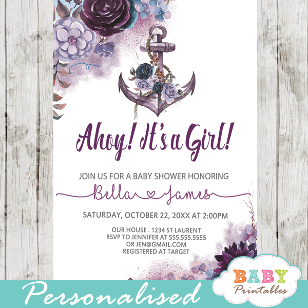 Floral Purple Nautical Baby Shower Invitations For Girl D202
