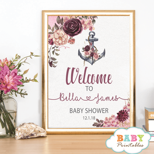 nautical baby shower welcome sign floral blush burgundy anchor poster yard table