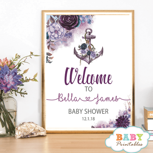 nautical baby shower welcome sign floral purple violet anchor poster yard table