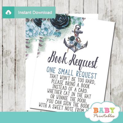 Floral Blue Nautical Book Request Cards – D200 - Baby Printables
