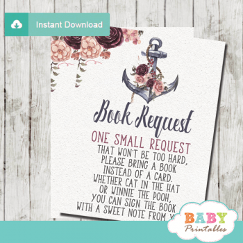 Floral Burgundy Nautical Book Request Cards – D201 - Baby Printables