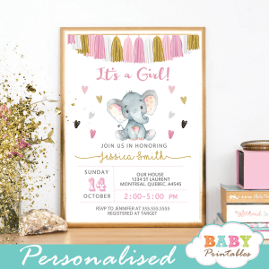 pink and gold tassel garland elephant baby shower invitations girl