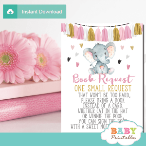 tassel garland girl elephant book request cards pink and gold invitation inserts