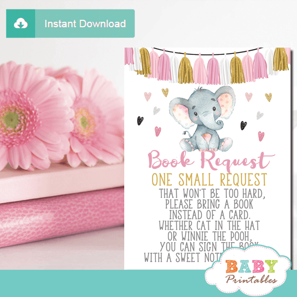 tassel garland girl elephant book request cards pink and gold invitation inserts