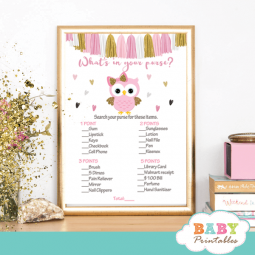 Pink and Gold Owl Baby Shower Games – D128 - Baby Printables