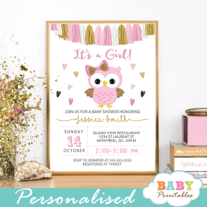 owl baby shower invitations girl pink and gold tassel garland
