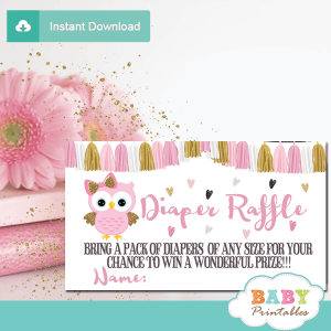pink and gold owl diaper raffle tickets girl baby shower tassel garland
