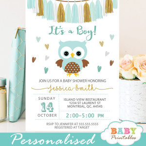 gold tiffany blue owl baby shower invitations boy tassel garland