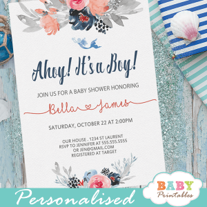 ahoy nautical baby shower invitations boy floral gray coral navy