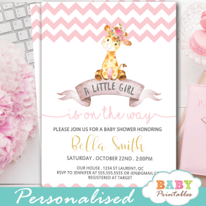 pink chevron baby shower invitations with giraffes