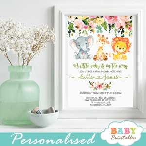 jungle animals baby shower invitations watercolor floral spring bouquet gender neutral boy girl