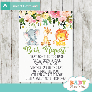 jungle animals book request cards lion giraffe elephant watercolor floral