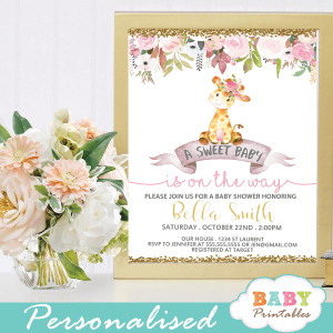 baby shower invitations with giraffes floral pink gold glitter girl