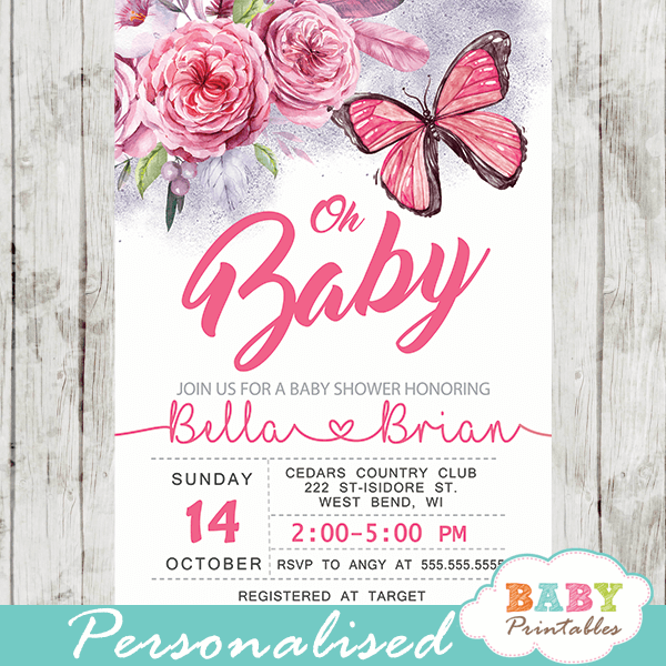 baby shower invites with butterflies pink flowers girl watercolor