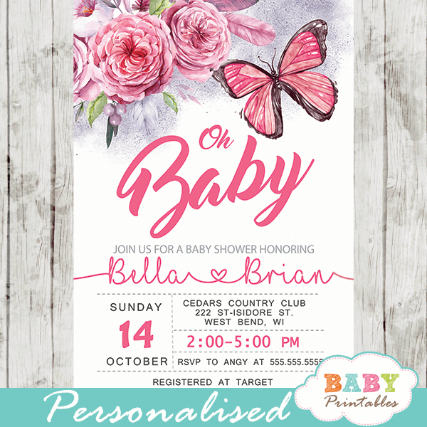 Floral Pink Butterfly Baby Shower Invitations D239 Baby Printables