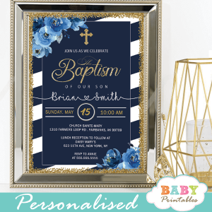 floral blue roses navy white striped baptism invitations boy invitaciones para bautizo