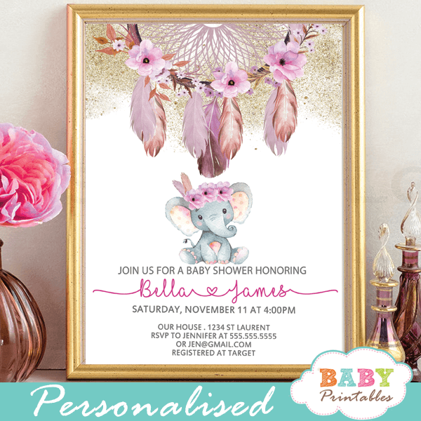 boho chic dream catcher elephant bay shower invitations pink floral feathers girl