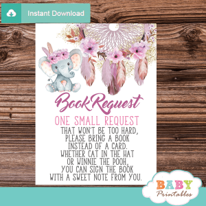 boho chic dream catcher elephant book request cards invitation inserts pink feathers floral girl blush