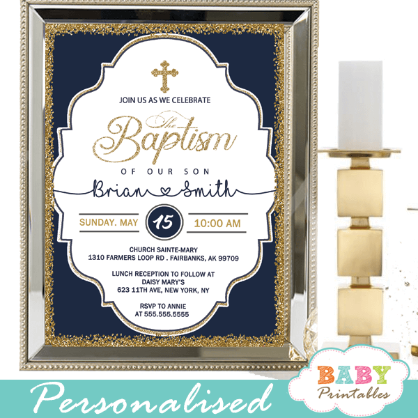 Elegant Navy Blue Gold Baptism Invitations D800 Baby Printables