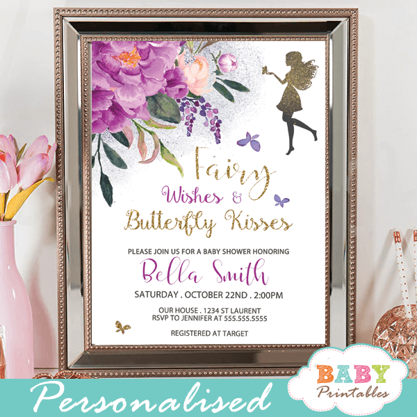 fairy baby shower invitations floral purple peonies violet butterflies