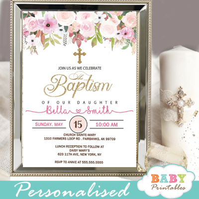 Floral Pink Blush Baptism Invitations – D800 - Baby Printables