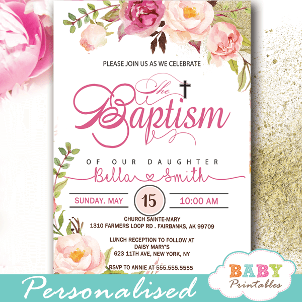 baptism invites girl pink blush flowers watercolor christening invites