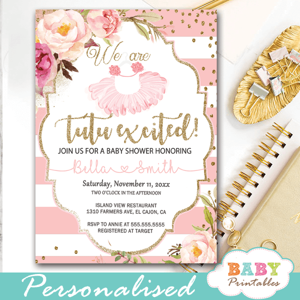 tutu baby shower invitations pink flowers roses ballerina invites faux gold glitter