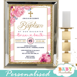 pink flowers white striped baptism invitations girl invitaciones para bautizo
